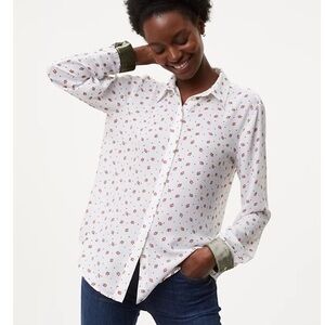 LOFT Mistletoe Holly Print Button Front Blouse Velvet Cuffs